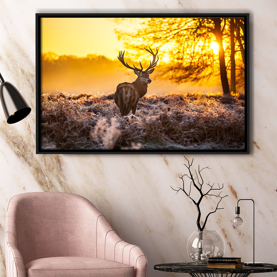 Big Buck Sunset Framed Canvas Prints Wall Art - Painting Prints, Wall Decor, Floating Frame