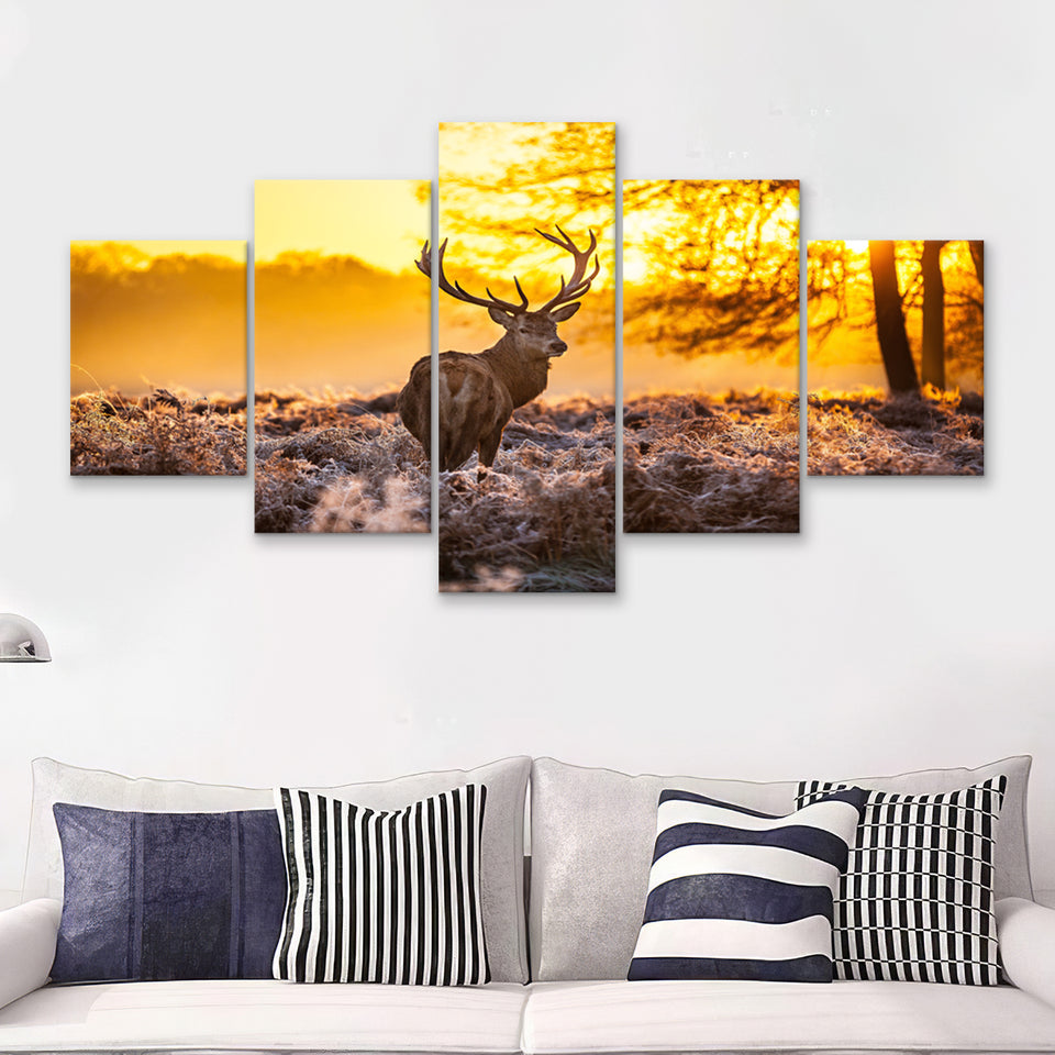 Big Buck Sunset 5 Piece Canvas Prints Wall Art - Painting Prints, Wall Decor,Multi Panel