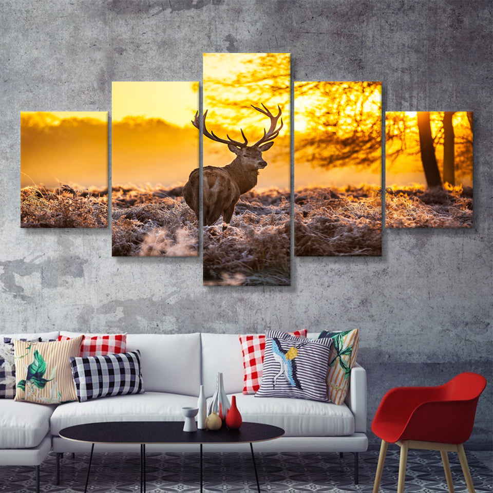 Big Buck Sunset 5 Piece Canvas Prints Wall Art - Painting Prints, Wall Decor,Multi Panel