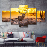 Big Buck Sunset 5 Piece Canvas Prints Wall Art - Painting Prints, Wall Decor,Multi Panel