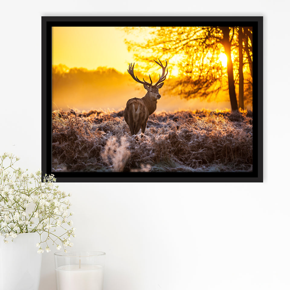 Big Buck Sunset Framed Canvas Prints Wall Art - Painting Prints, Wall Decor, Floating Frame