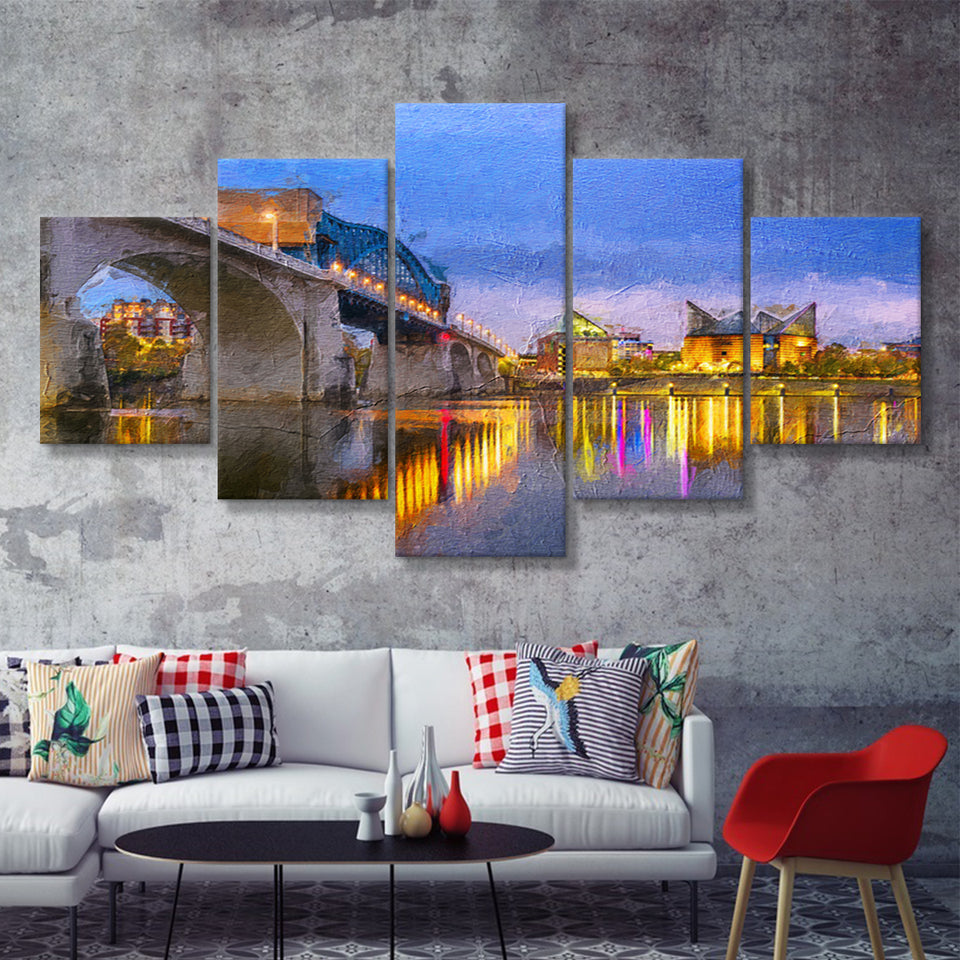 Big Tennessee River Bridge Chattanooga Cityline 5 Piece Canvas Prints Wall Art Decor - Painting Canvas, Multi Panels