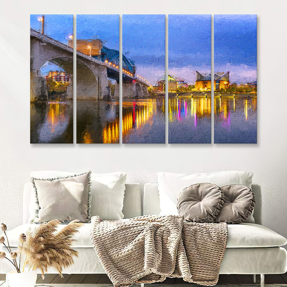 Big Tennessee River Bridge Chattanooga Cityline 5 Piece B Canvas Prints Wall Art Decor - Painting Canvas, Multi Panels