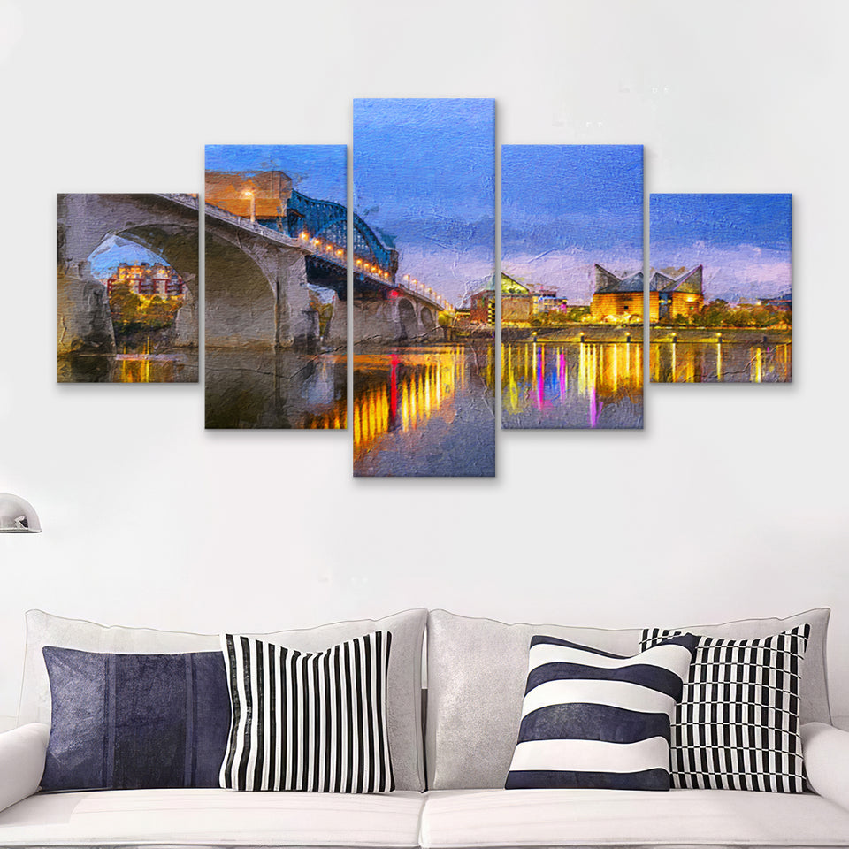 Big Tennessee River Bridge Chattanooga Cityline 5 Piece Canvas Prints Wall Art Decor - Painting Canvas, Multi Panels