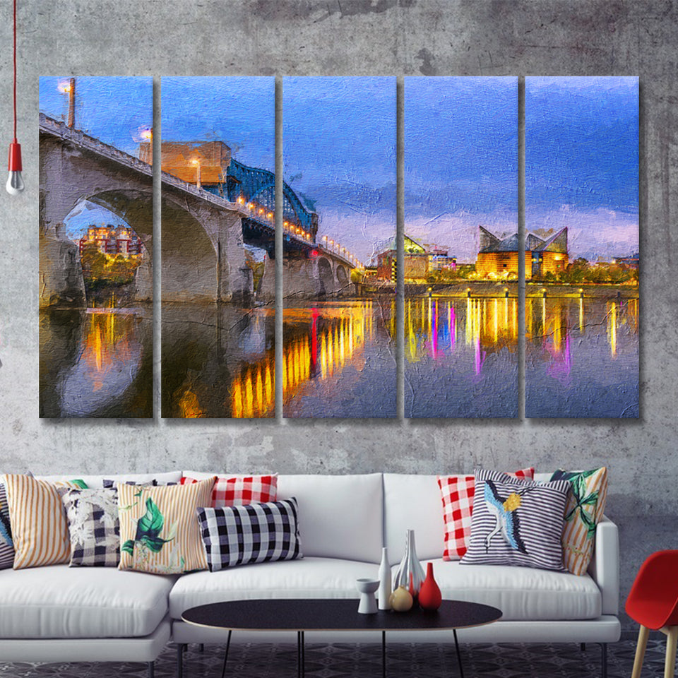 Big Tennessee River Bridge Chattanooga Cityline 5 Piece B Canvas Prints Wall Art Decor - Painting Canvas, Multi Panels