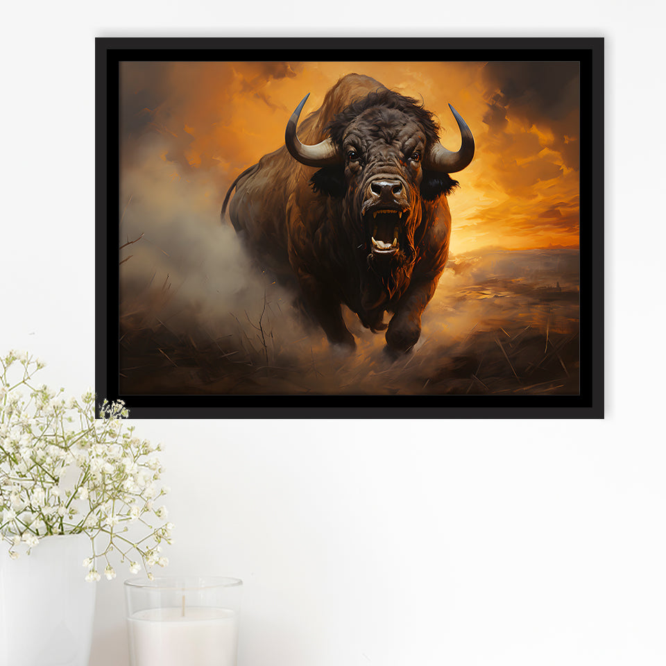Big Bull Attack Framed Canvas Prints Wall Art Home Decor, Painting Canvas, Floating Frame