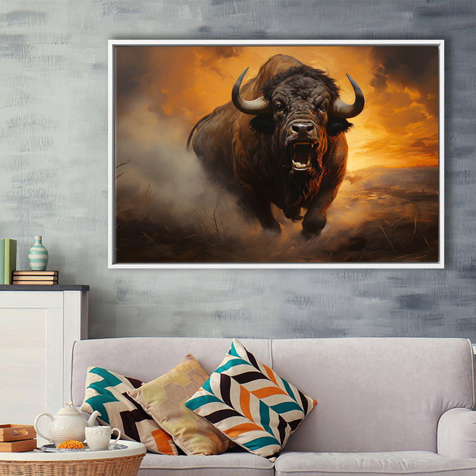 Big Bull Attack Framed Canvas Prints Wall Art Home Decor, Painting Canvas, Floating Frame