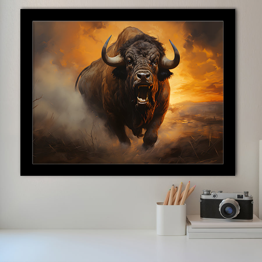 Big Bull Attack Framed Art Prints Wall Decor, Painting Art, Framed Picture