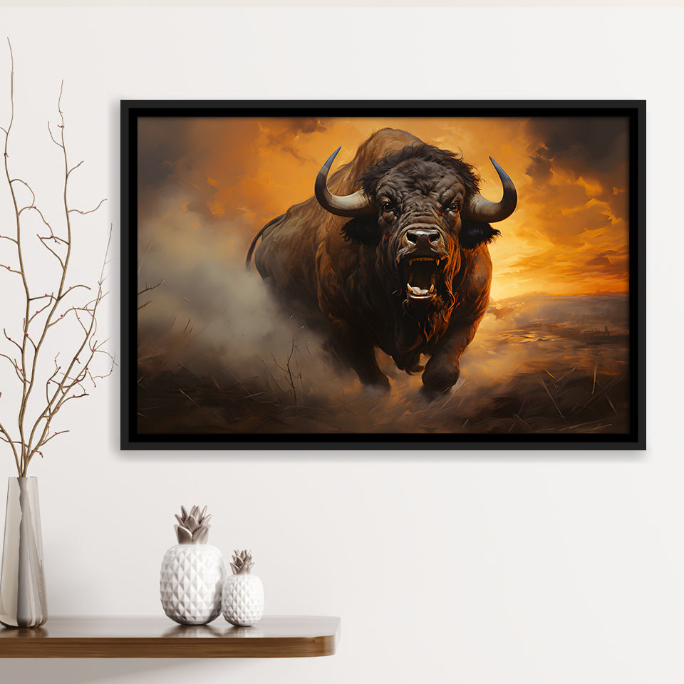 Big Bull Attack Framed Canvas Prints Wall Art Home Decor, Painting Canvas, Floating Frame
