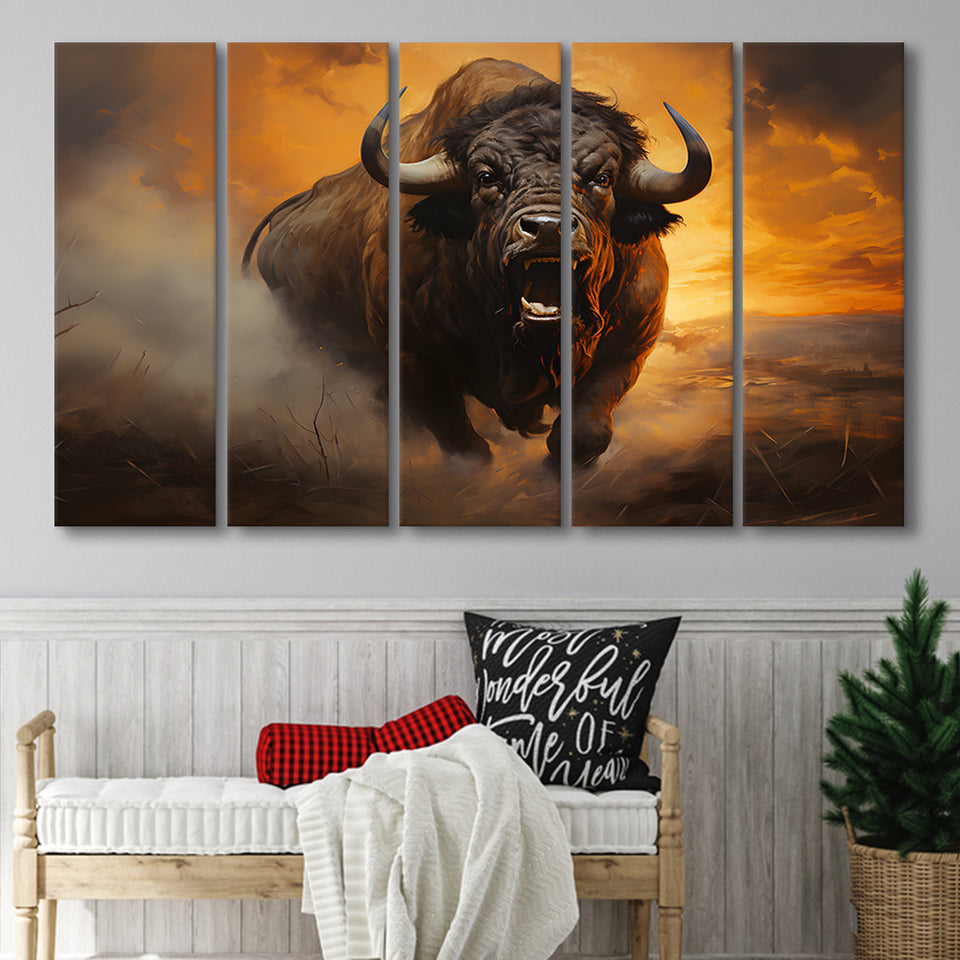 Big Bull Attack 5 Panels B Canvas Prints Wall Art Home Decor, Extra Large Canvas