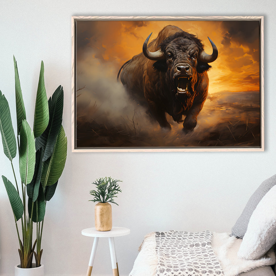 Big Bull Attack Framed Canvas Prints Wall Art Home Decor, Painting Canvas, Floating Frame