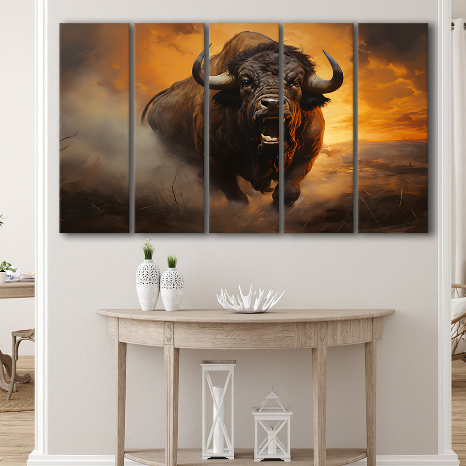 Big Bull Attack 5 Panels B Canvas Prints Wall Art Home Decor, Extra Large Canvas