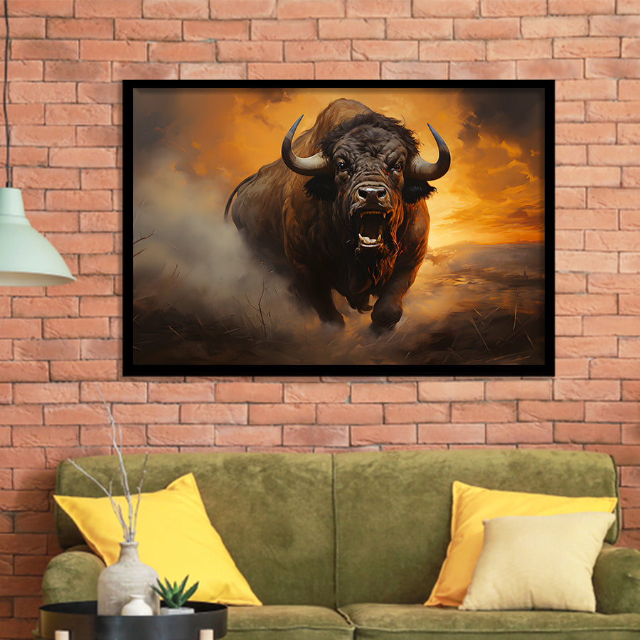 Big Bull Attack Framed Art Prints Wall Decor, Painting Art, Framed Picture