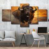 Big Bull Attack 5 Panels Canvas Prints Wall Art Home Decor, Large Mixed Canvas