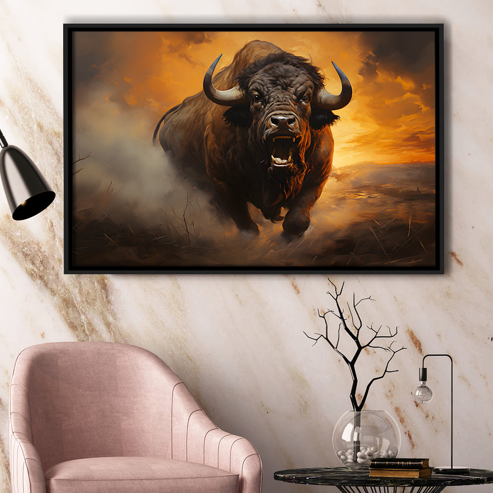 Big Bull Attack Framed Canvas Prints Wall Art Home Decor, Painting Canvas, Floating Frame