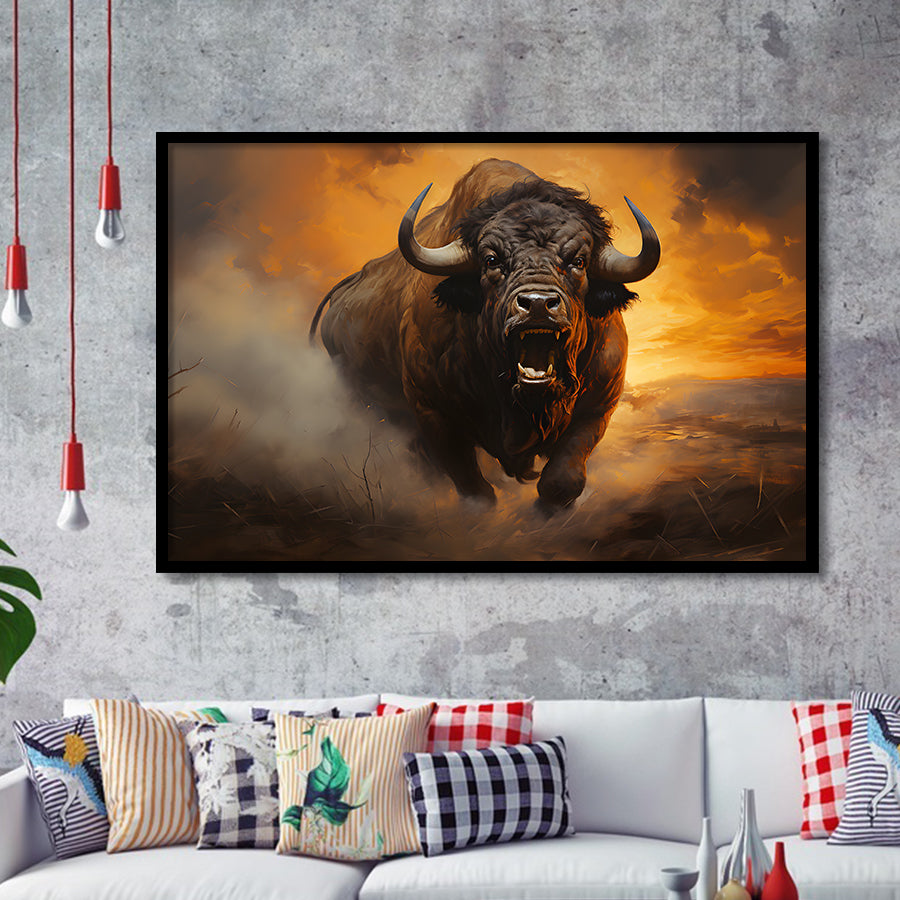 Big Bull Attack Framed Art Prints Wall Decor, Painting Art, Framed Picture