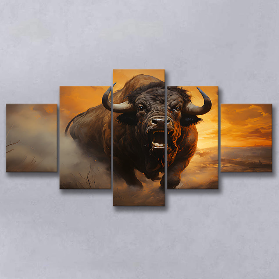 Big Bull Attack 5 Panels Canvas Prints Wall Art Home Decor, Large Mixed Canvas