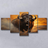 Big Bull Attack 5 Panels Canvas Prints Wall Art Home Decor, Large Mixed Canvas