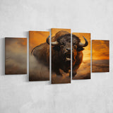 Big Bull Attack 5 Panels Canvas Prints Wall Art Home Decor, Large Mixed Canvas