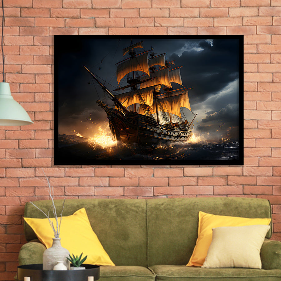 Big Pirate Ship In The Dark Framed Art Prints Wall Decor, Painting Art, Framed Picture
