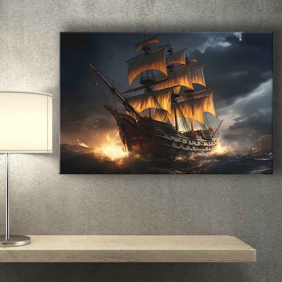 Big Pirate Ship In The Dark Canvas Prints Wall Art Home Decor, Painting Canvas, Living Room Wall Decor