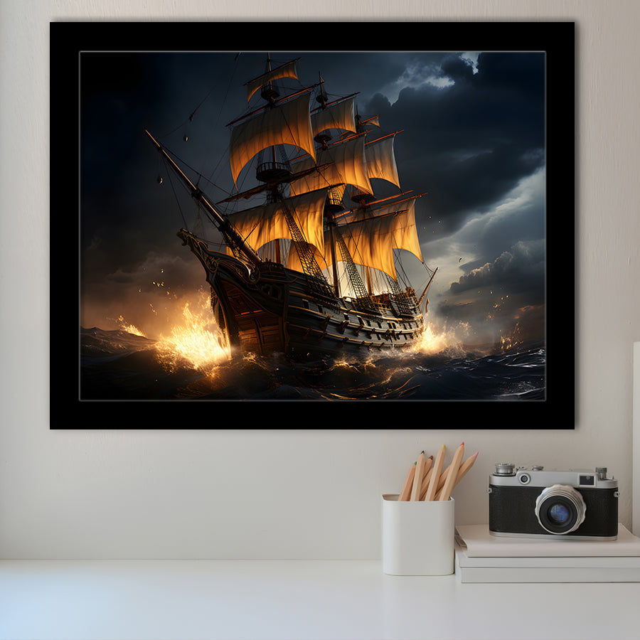 Big Pirate Ship In The Dark Framed Art Prints Wall Decor, Painting Art, Framed Picture