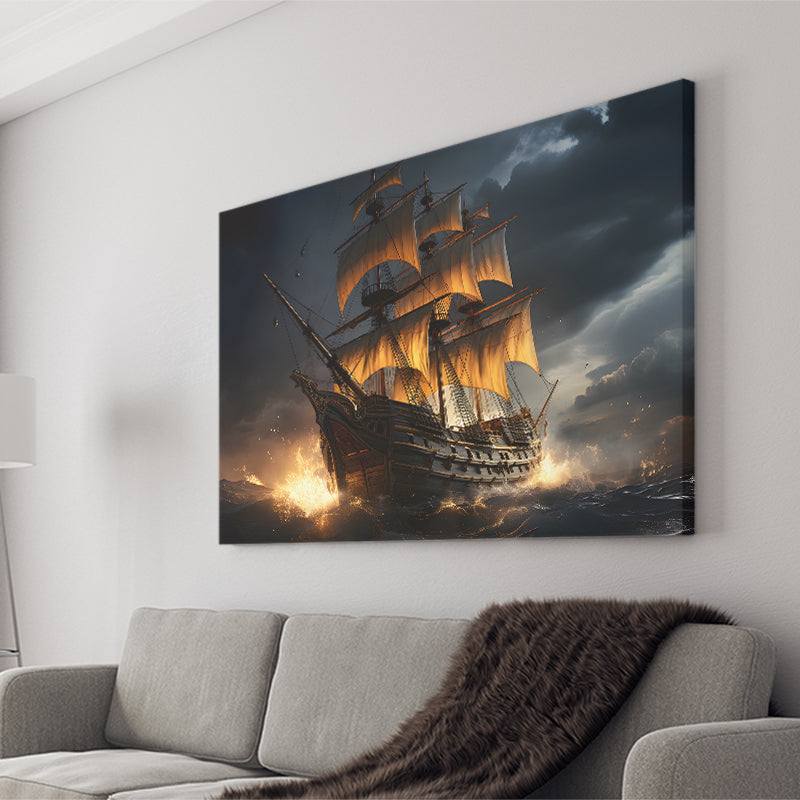 Big Pirate Ship In The Dark Canvas Prints Wall Art Home Decor, Painting Canvas, Living Room Wall Decor