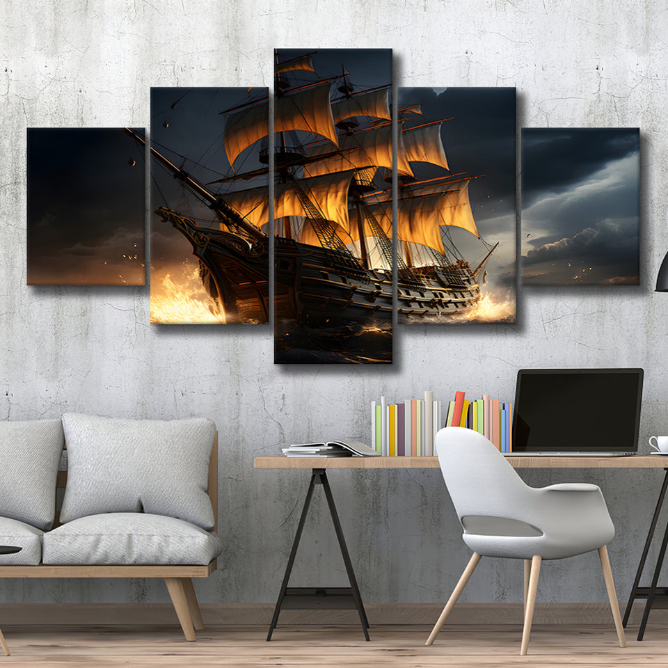 Big Pirate Ship In The Dark 5 Panels Canvas Prints Wall Art Home