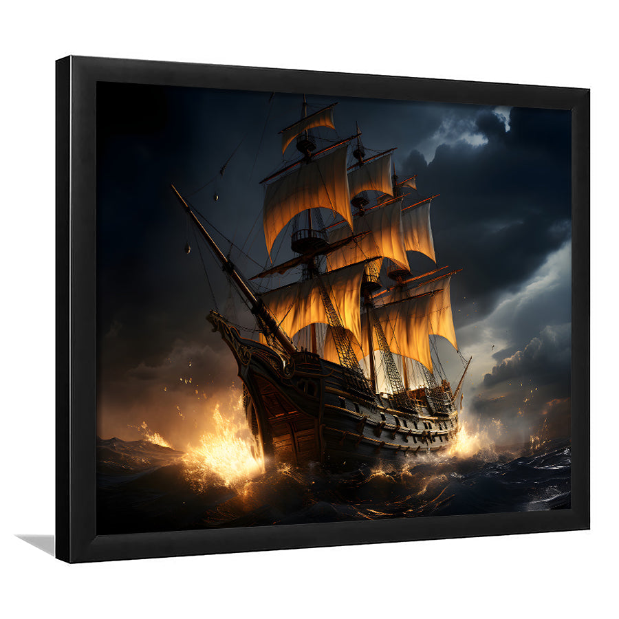 Big Pirate Ship In The Dark Framed Art Prints Wall Decor, Painting Art, Framed Picture
