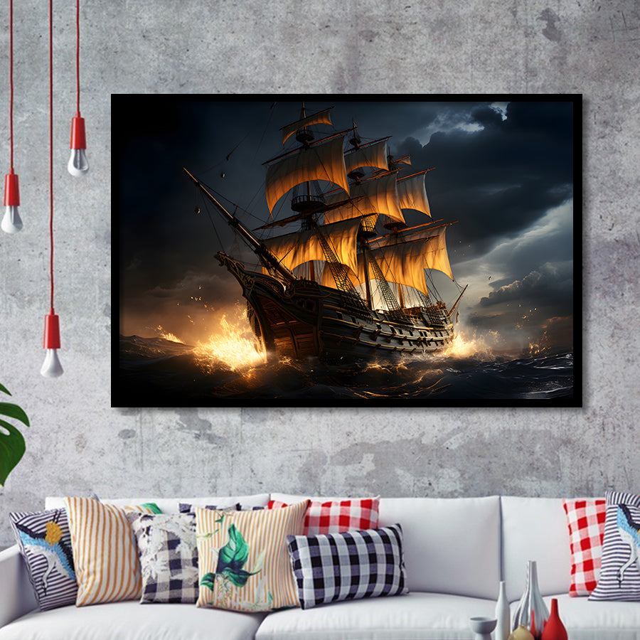 Big Pirate Ship In The Dark Framed Art Prints Wall Decor, Painting Art, Framed Picture