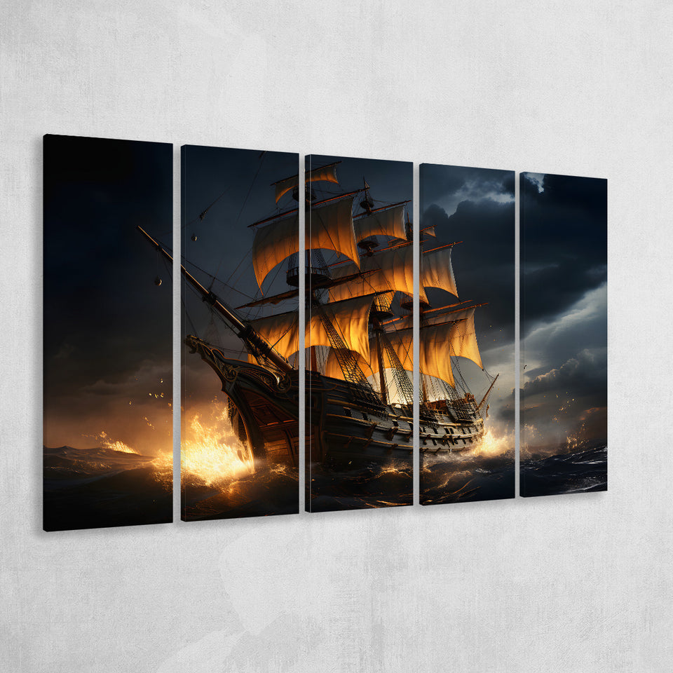 Big Pirate Ship In The Dark 5 Panels B Canvas Prints Wall Art Home Decor, Extra Large Canvas