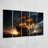 Big Pirate Ship In The Dark 5 Panels B Canvas Prints Wall Art Home Decor, Extra Large Canvas