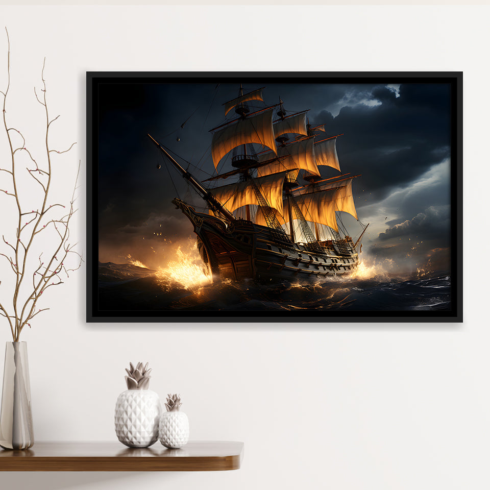 Big Pirate Ship In The Dark Framed Canvas Prints Wall Art Home Decor, Painting Canvas, Floating Frame
