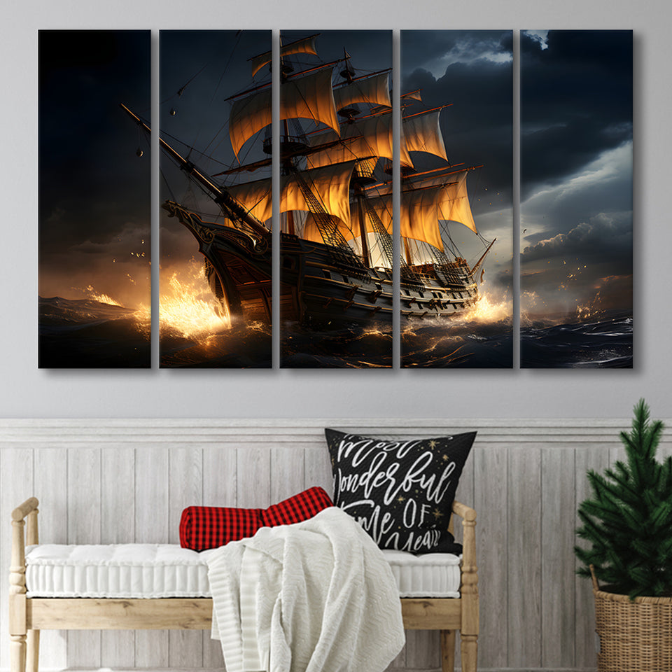 Big Pirate Ship In The Dark 5 Panels B Canvas Prints Wall Art Home Decor, Extra Large Canvas