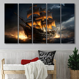 Big Pirate Ship In The Dark 5 Panels B Canvas Prints Wall Art Home Decor, Extra Large Canvas