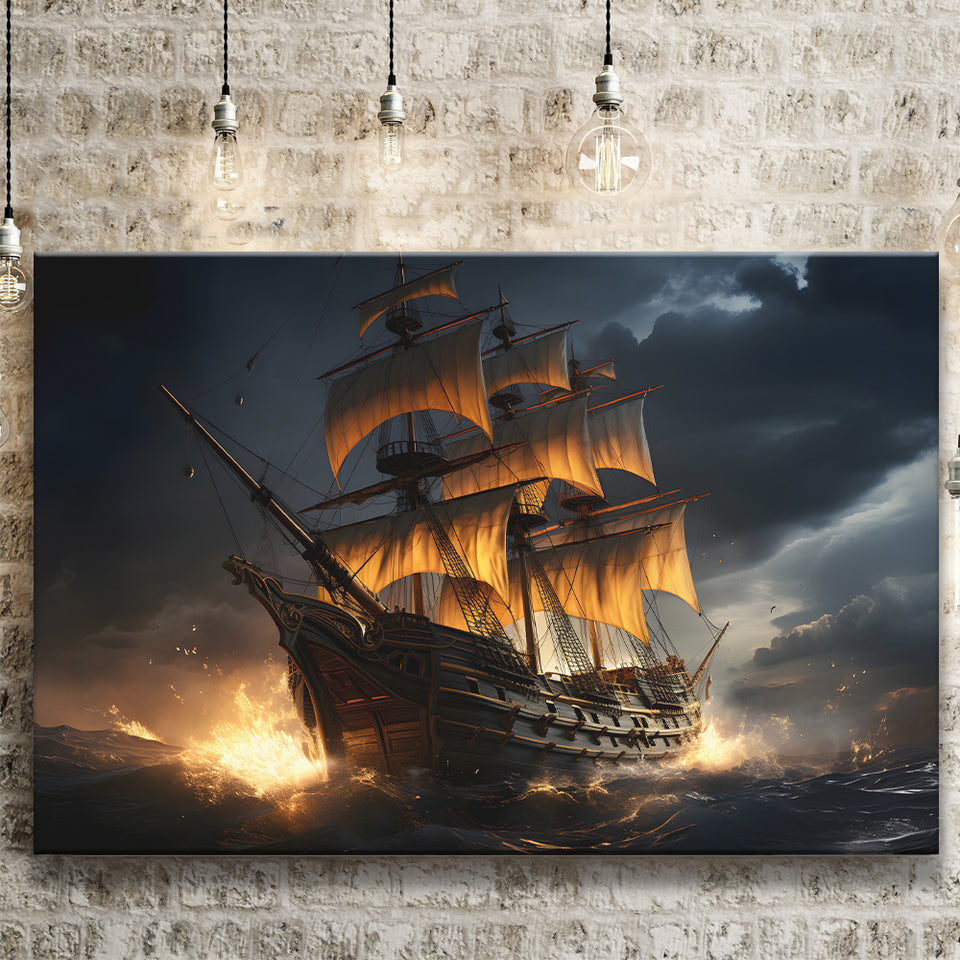 Big Pirate Ship In The Dark Canvas Prints Wall Art Home Decor, Painting Canvas, Living Room Wall Decor