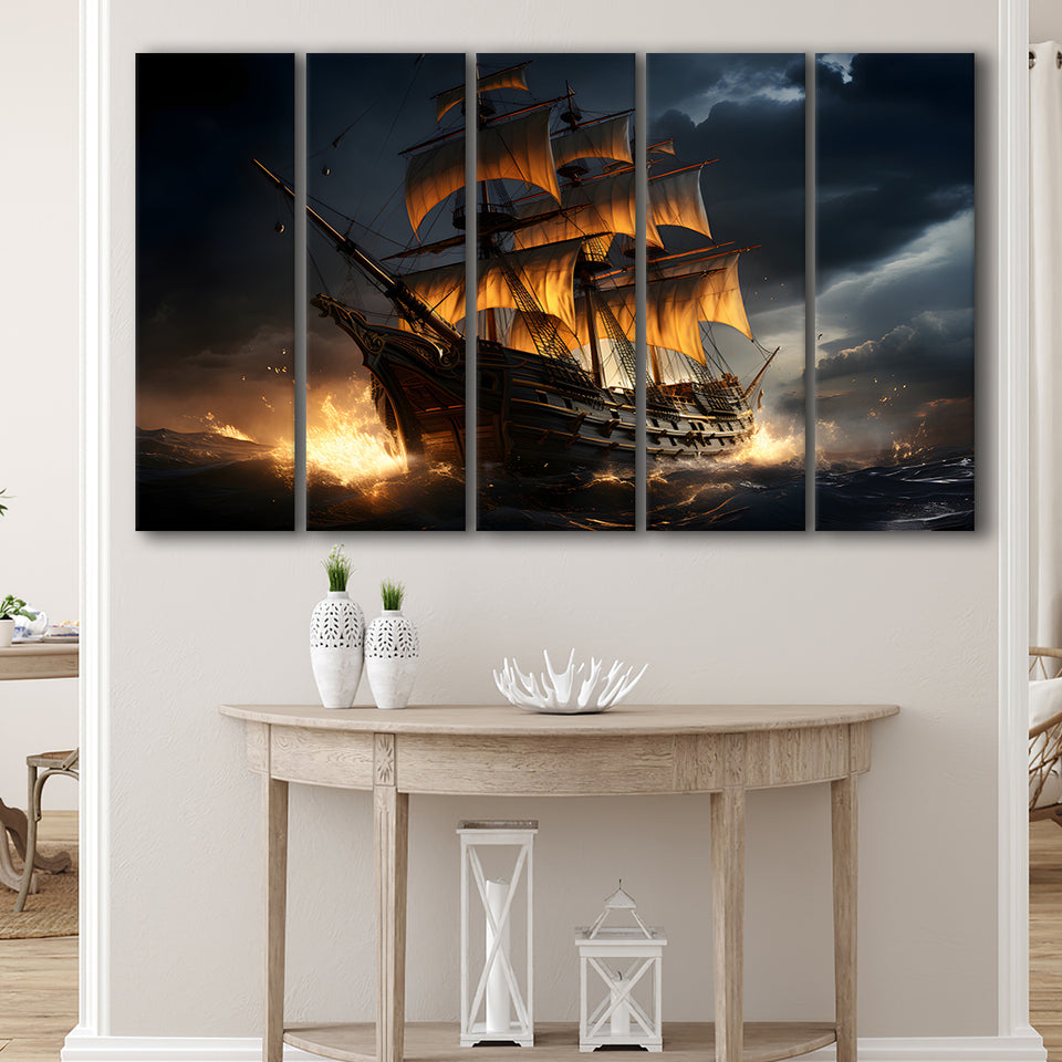 Big Pirate Ship In The Dark 5 Panels B Canvas Prints Wall Art Home Decor, Extra Large Canvas