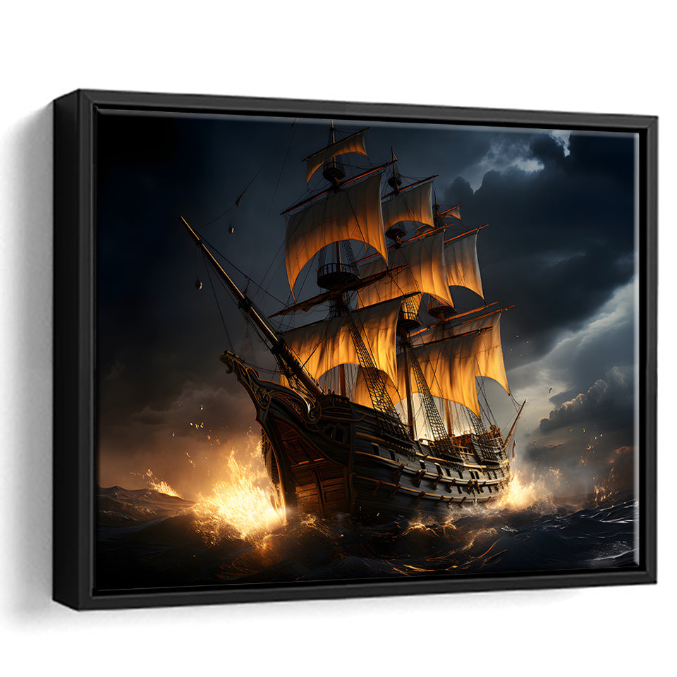 Big Pirate Ship In The Dark Framed Canvas Prints Wall Art Home Decor, Painting Canvas, Floating Frame
