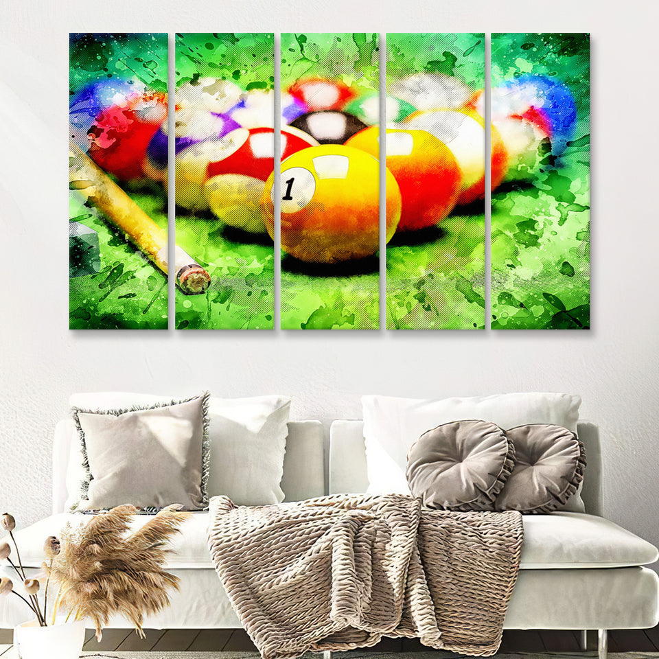 Billiard Balls Cue On Green Table 5 Piece B Multi Panels Canvas Prints Wall Art - Painting Canvas,Wall Decor