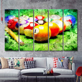 Billiard Balls Cue On Green Table 5 Piece B Multi Panels Canvas Prints Wall Art - Painting Canvas,Wall Decor