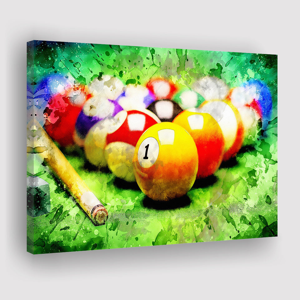 Billiard Balls Cue On Green Table Canvas Prints Wall Art - Painting Canvas,Wall Decor,Art Print,Home Decor