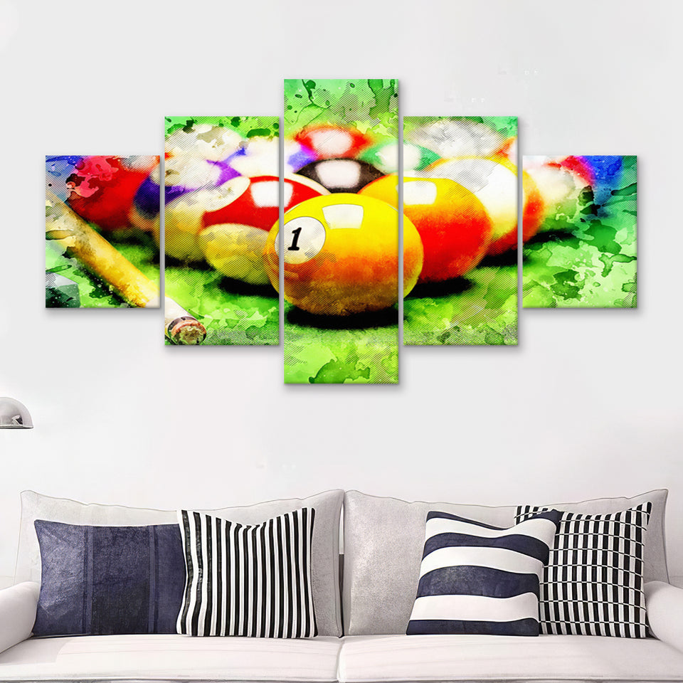Billiard Balls Cue On Green Table 5 Piece Multi Panels Canvas Prints Wall Art - Painting Canvas,Wall Decor