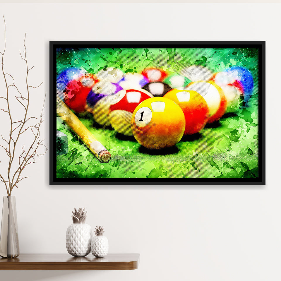 Billiard Balls Cue On Green Table Framed Canvas Prints Wall Art - Painting Canvas,Framed Picture,Home Art Wall Decor