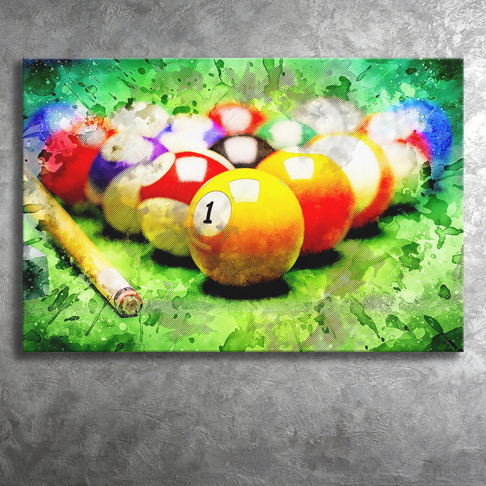 Billiard Balls Cue On Green Table Canvas Prints Wall Art - Painting Canvas,Wall Decor,Art Print,Home Decor