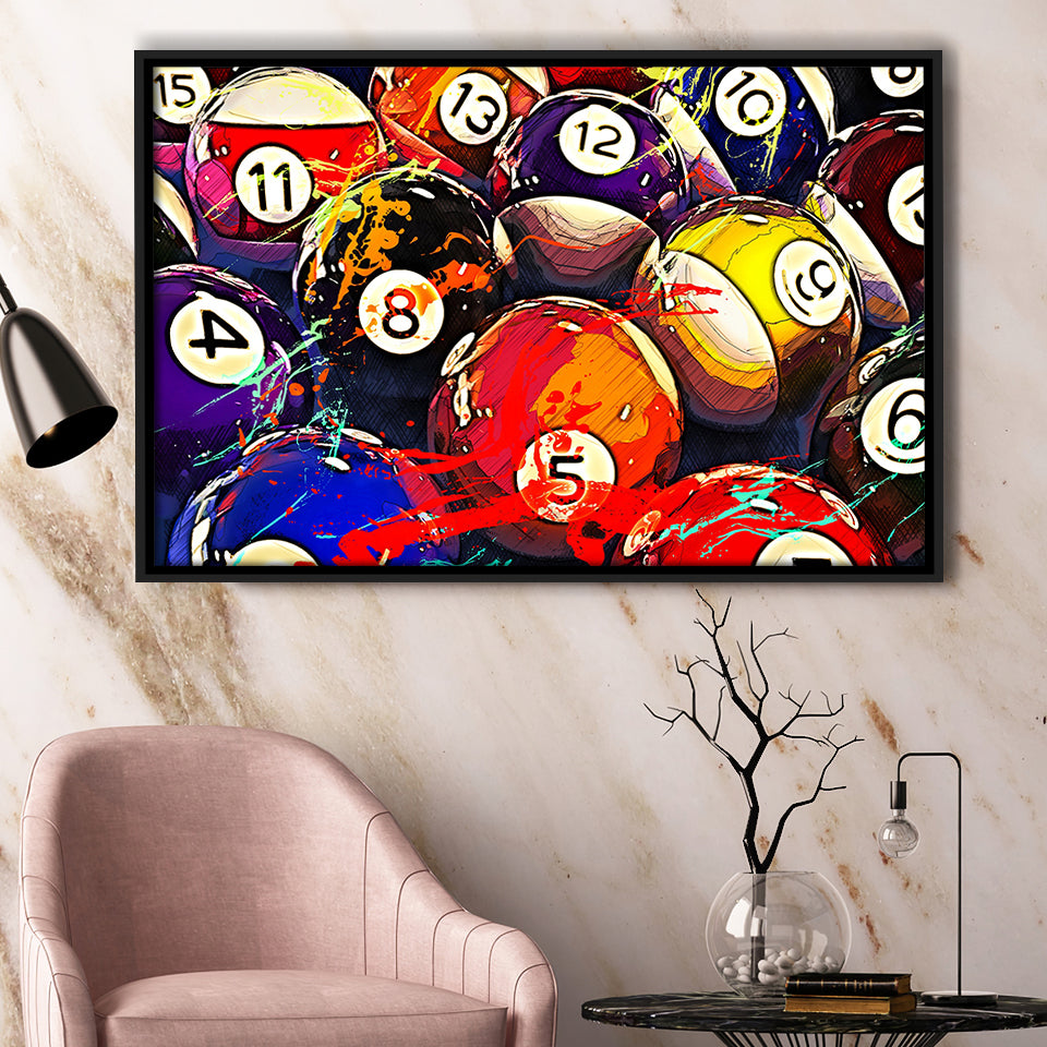 Billiards, Billiards Balls Framed Canvas Prints Wall Art Decor, Black Floating Frame