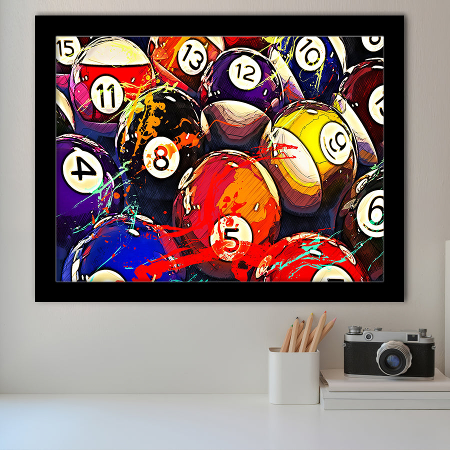 Billiards, Billiards Balls Framed Art Prints Wall Art Decor,Black Frame, Ready to hang