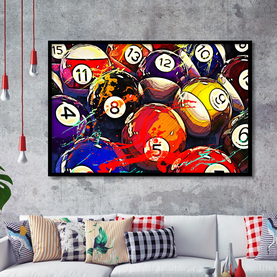 Billiards, Billiards Balls Framed Art Prints Wall Art Decor,Black Frame, Ready to hang