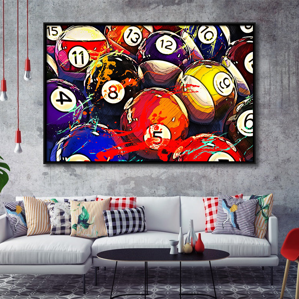 Billiards, Billiards Balls Framed Canvas Prints Wall Art Decor, Black Floating Frame