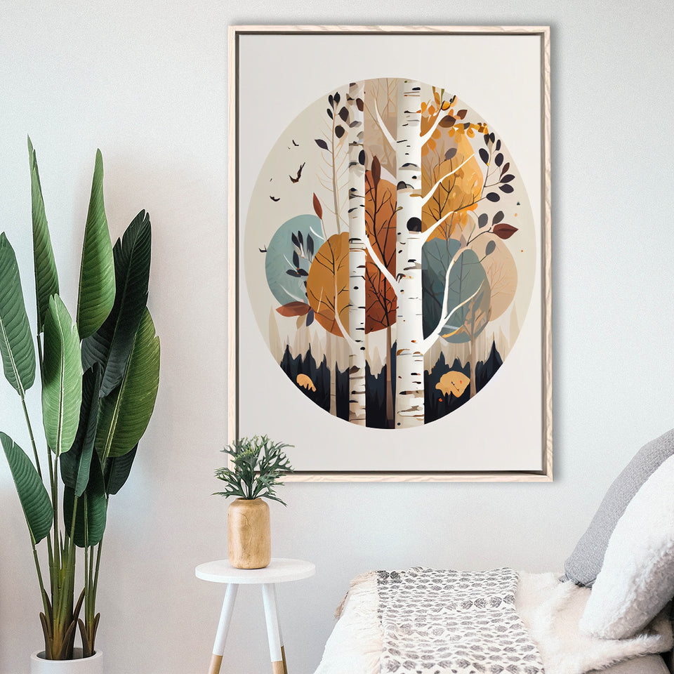 Birch Tree Retro Art Print, Large Canvas, Framed Canvas Print Wall Art Home Decor, Floating Frame
