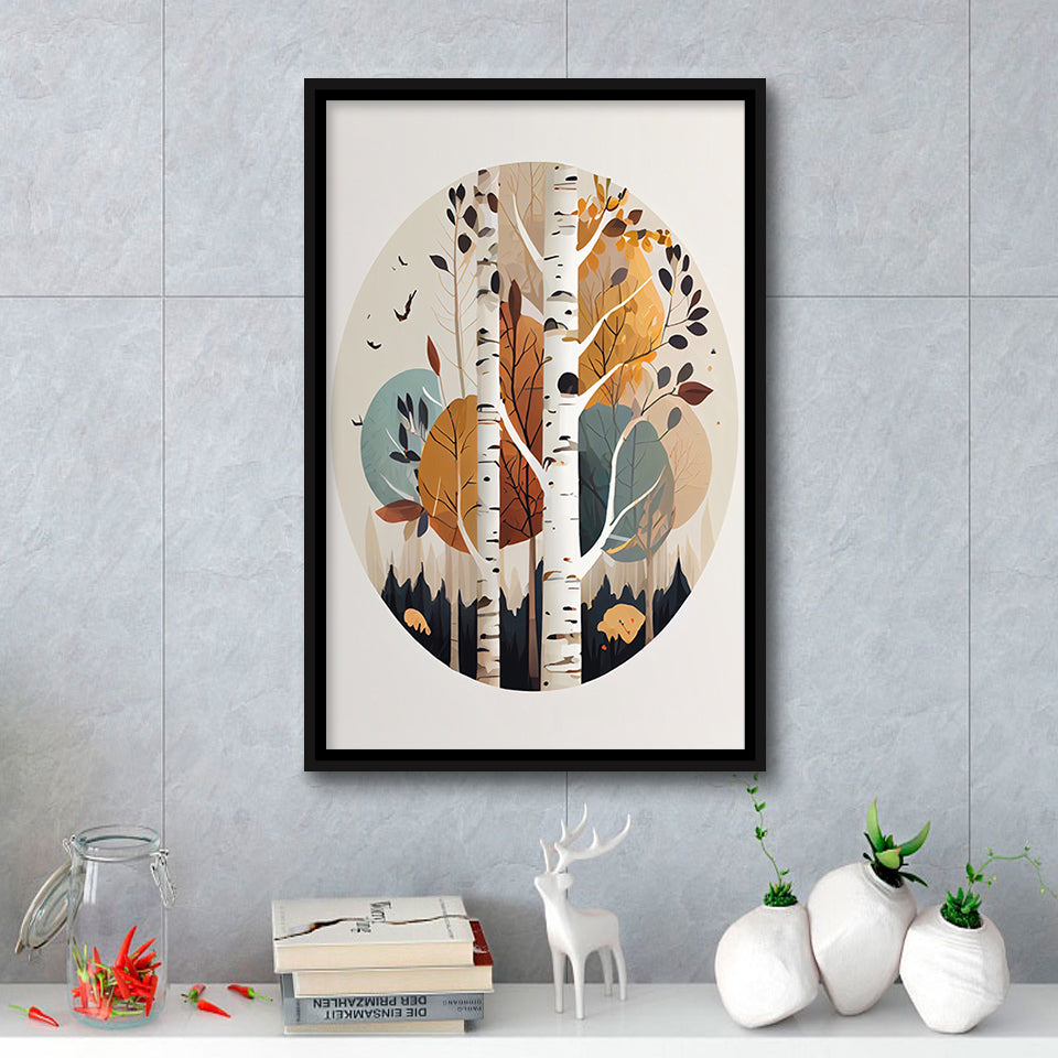 Birch Tree Retro Art Print, Large Canvas, Framed Canvas Print Wall Art Home Decor, Floating Frame